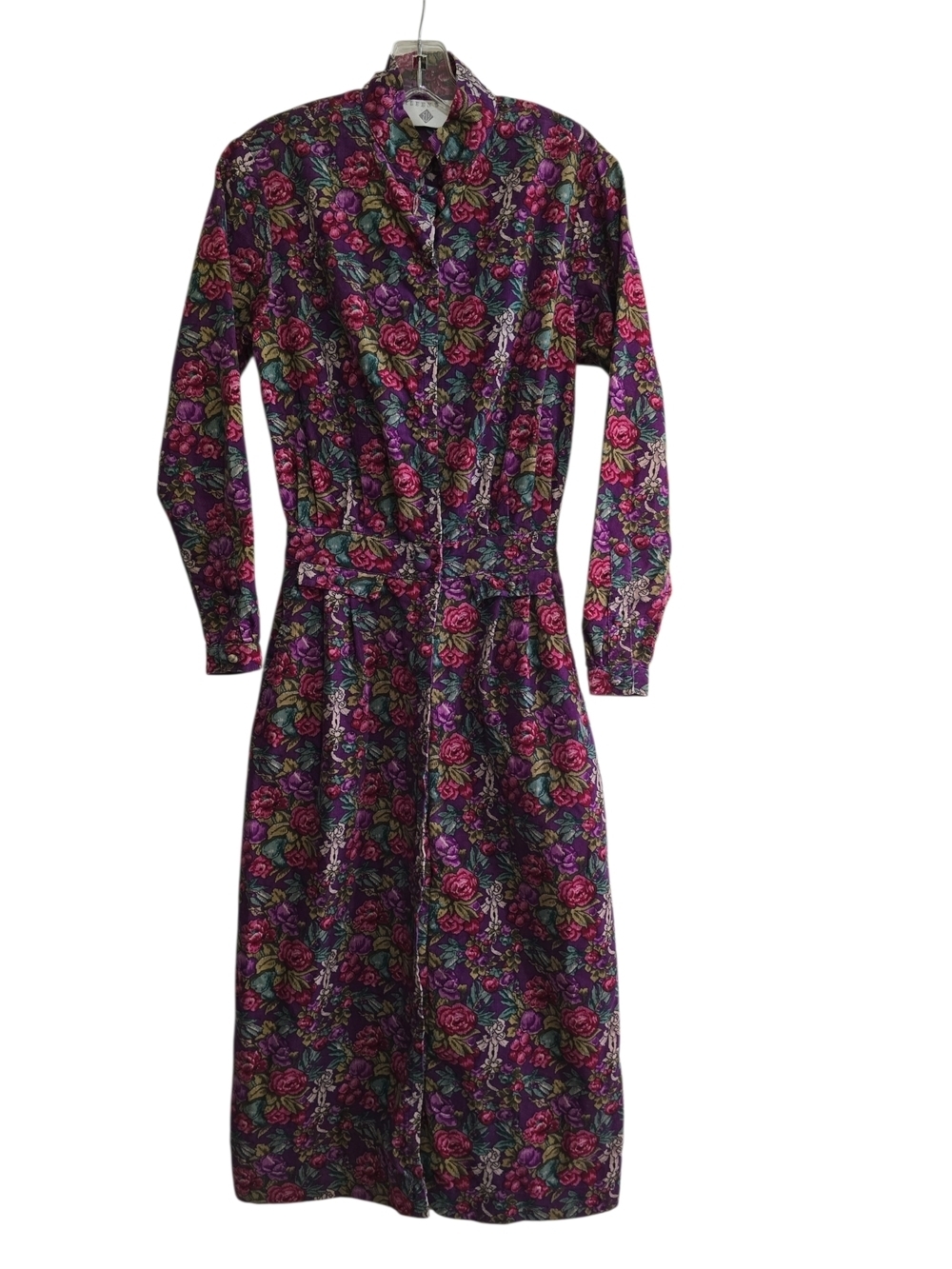 Vintage Eileen West Purple Rose Print Conduroy Midi Dress 4 See Measurements